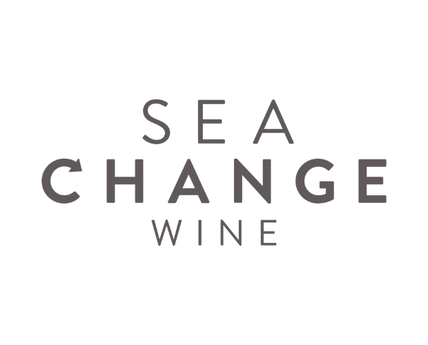 Text "SEA CHANGE WINE" appears in bold, uppercase letters. The "C" features an arrow, suggesting circular movement, on a plain white background.