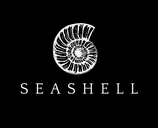 A white seashell illustration, featuring a spiral pattern, sits on a black background. Below, the word "SEASHELL" is written in uppercase white letters.