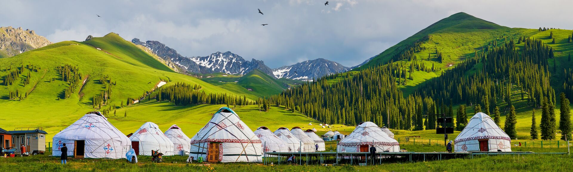Yurts sit on a grassy plain, framed by green, pine-covered hills and snowy mountains under a cloudy sky, with a few people nearby and birds flying overhead.