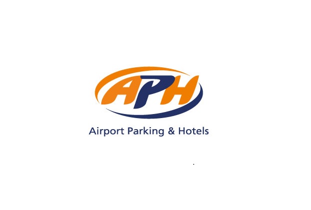 The logo features bold orange and blue letters "APH" in a dynamic swirl, with "Airport Parking & Hotels" written below, set against a plain white background.