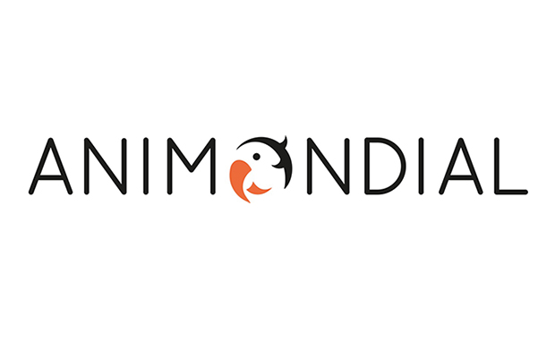 The word "ANIMONDIAL" is displayed in bold, black uppercase letters. The letter "O" is stylized with an orange and black yin-yang symbol resembling an animal, set against a plain white background.