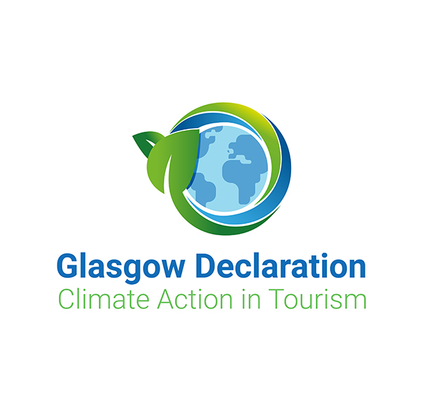 A globe entwined with leaves features prominently, symbolizing sustainability, accompanied by the text: "Glasgow Declaration Climate Action in Tourism" in a white background.