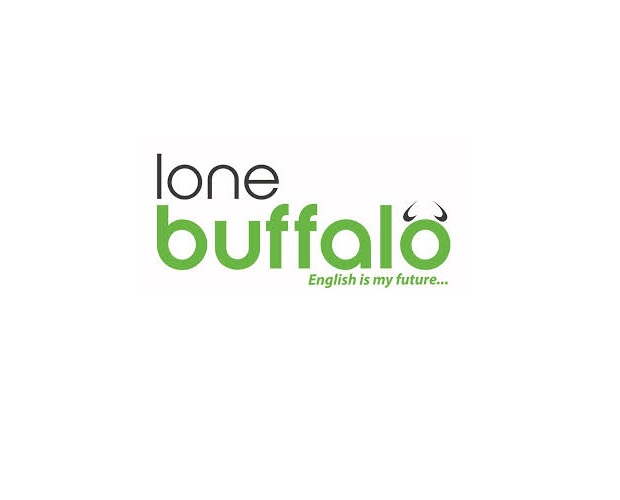 Logo displaying the text "lone buffalo" in black and green, with buffalo horn accents, followed by "English is my future..." on a white background.