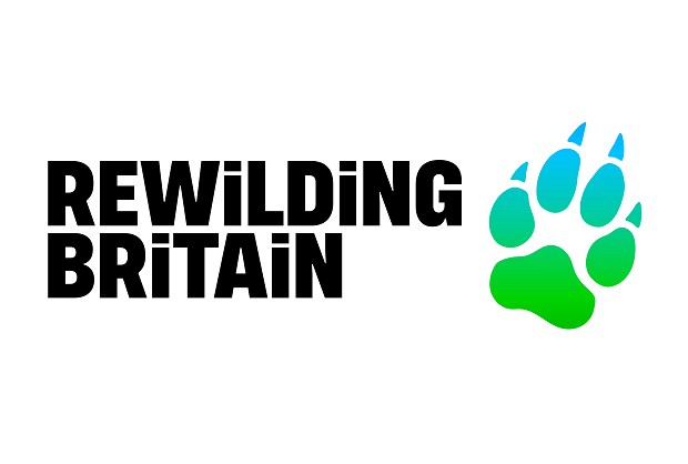 Text "REWILDING BRITAIN" in bold black letters next to a stylized green-to-blue paw print, set against a plain white background.
