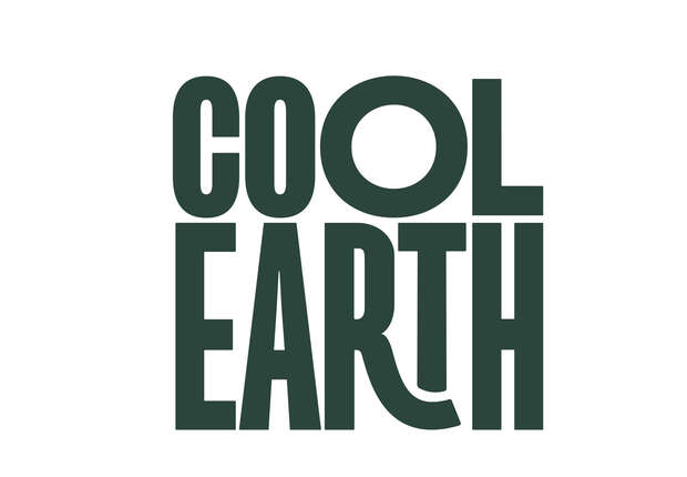 Bold, dark green text reads "COOL EARTH" against a white background. The letters are stacked, forming a compact and visually striking block.