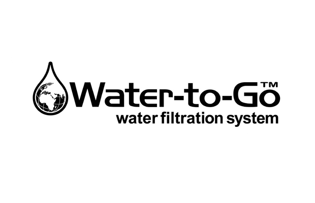 The logo features a water droplet enclosing a globe, next to the text "Water-to-Go™ water filtration system" in black, set against a white background.