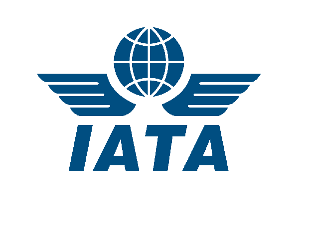 A blue globe with wings flanking either side is positioned above the bold letters "IATA" against a white background, suggesting aviation or global connectivity.