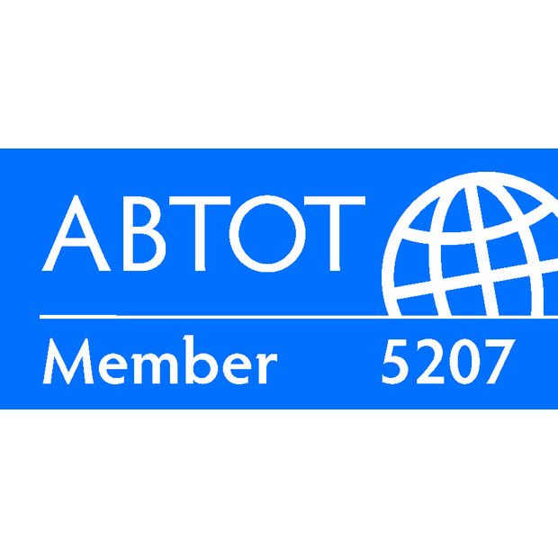 ABTOT membership badge displays text "ABTOT Member 5207" on a blue background, with a globe graphic indicating global travel or services.