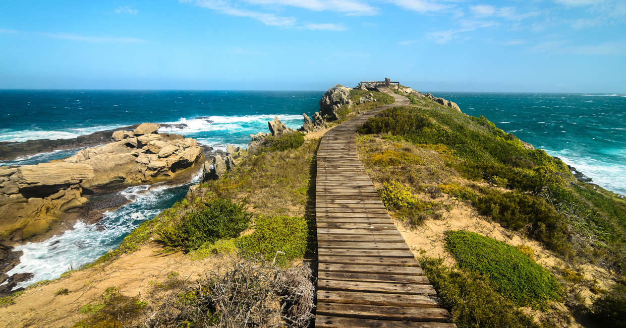 A wooden pathway leads along a grassy clifftop toward a distant rocky outcrop, surrounded by vibrant blue ocean waves under a clear sky.